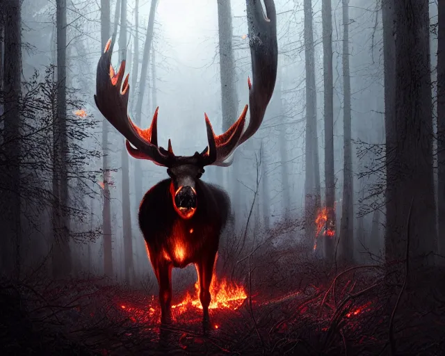 Prompt: 5 5 mm portrait photo of a demonic heavily burning moose with red eyes and antlers and looking at the camera, in a magical forest. dark atmosphere. art by greg rutkowski and luis royo. highly detailed 8 k. intricate. lifelike. soft light. nikon d 8 5 0.