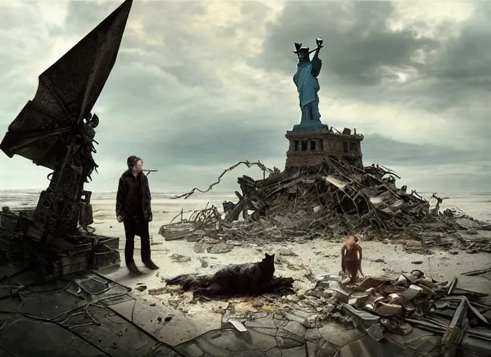 Image similar to a Photorealistic dramatic hyperrealistic render of a ruined destroyed decayed statue of liberty laying in pieces on a desolate beach in a post-apocalyptic world, futuristic nuclear apocalyptic planet of the apes vibe, a single cute corgi sits in the foreground, by WLOP and Artgerm and Greg Rutkowski and Alphonse Mucha, Beautiful dynamic dramatic dark moody lighting, shadows, cinematic atmosphere, Artstation, concept design art, Octane render, 8K, masterpiece