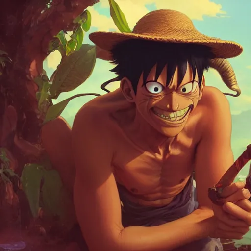 Image similar to highly detailed vfx portrait of monkey d. luffy, stephen bliss, greg rutkowski, loish, rhads, beeple, makoto shinkai, tom bagshaw, alphonse mucha, global illumination, sharp focus, art by artgerm and greg rutkowski, stanley kubrick, best of behance, cinematic lighting