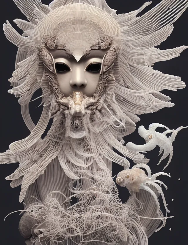 Image similar to simple coherent artwork. 3 d goddess close - up 3 / 4 portrait with ram skull. beautiful intricately detailed japanese crow kitsune mask and clasical japanese kimono. betta fish, jellyfish phoenix, bio luminescent, plasma, ice, water, wind, creature, artwork by tooth wu and wlop and beeple and greg rutkowski