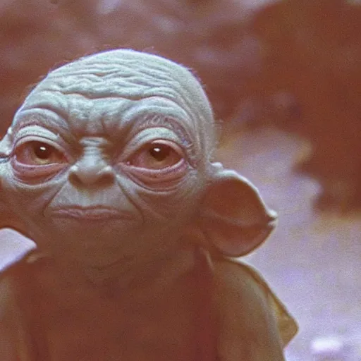 Prompt: A singular creature mix between Gollum and Yoda, center frame medium shot, shot on technicolor cinemascope 35mm anamorphic lense, flare, film grain, still from a 1980's movie