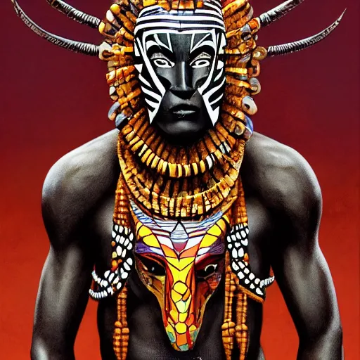 Image similar to a full body muscular male with an african mask, wearing an african armor, shaman, zulu, hamar, himba, karo, masai, samburu, by alex gray and android jones, karol bak, ilya golitsyn, ayami kojima, amano, black panther, moebius, concept art, character design, fantasy, 3 d, 8 k resolution