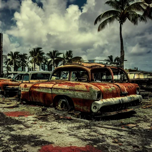 Prompt: wide angle shot of dilapidated fallout 5 miami, tropical coastal city, desolate, dilapidated, just a rusted retro futuristic vintage parked vehicles like cars, buses, trucks, trams, sunny weather, few clouds, volumetric lighting, photorealistic, daytime, spring, 4 0 0 0 k sharp focus, ultra detailed