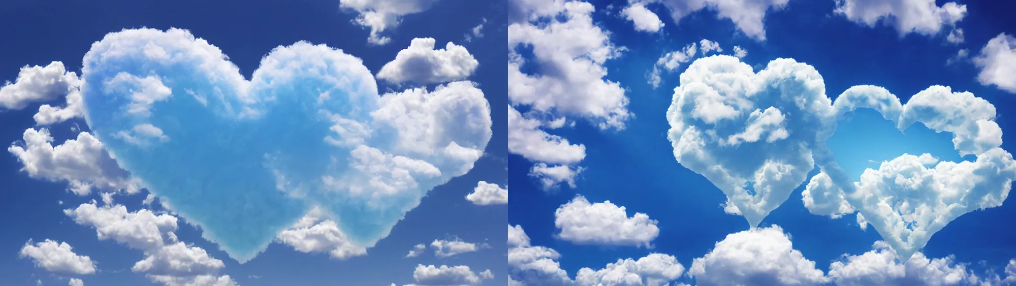 Image similar to huge fluffy cloud heart on blue clear sky, detailed, hyper realism, photo, realistic, soft volume absorbation, volume light, view up, diffused lights, ultra realism, cinematic, film
