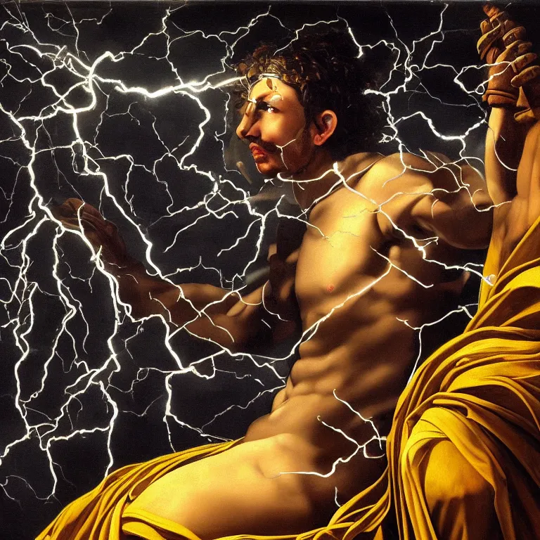 Image similar to mythological god of thunder and artificial intelligence creating an artificial neural network with dark yellow synapses on an anvil, high resolution, award winning art, trending on art station, sharp image, incredibly detailed, god of thunder detailed character realistic painting, painting by caravaggio