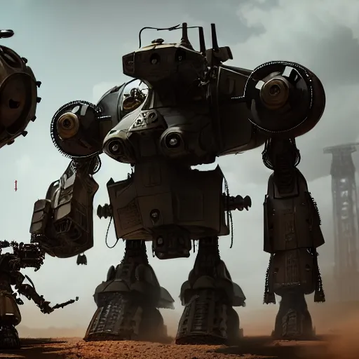 Image similar to dieselpunk mechs doing battle, highly detailed, 4 k, hdr, award - winning, octane render, artstation