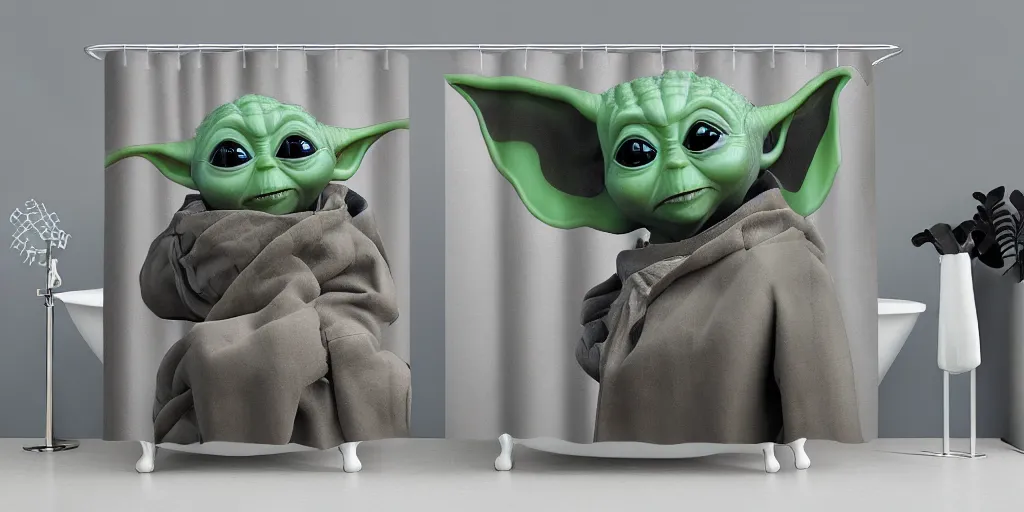 Image similar to a ( ( ( ( ( mando mandalorian ) ) ) ) ) baby yoda themed shower curtain, shower curtain. product photography. product lighting. digital art. 4 k, highly detailed. saturated. 3 d render.