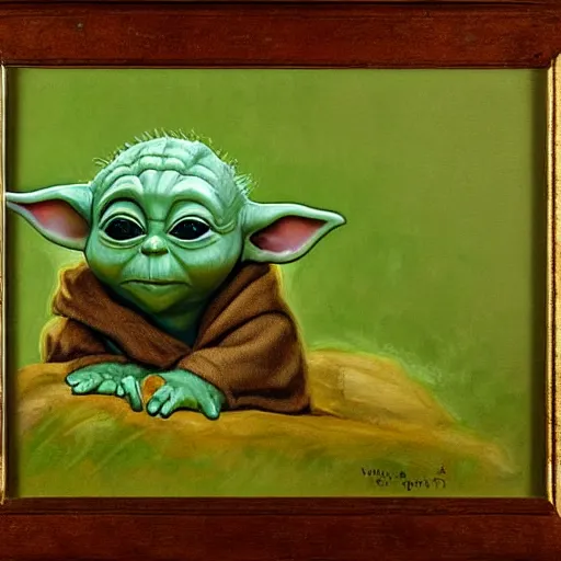 Image similar to painting of a cute baby yoda in the wilderness, in the style of a naturalist painter,