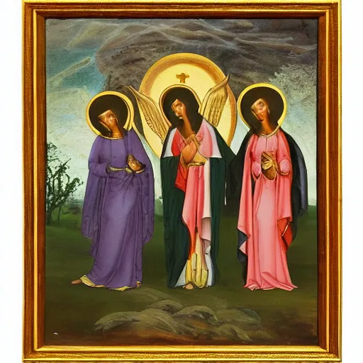 Prompt: religious painting of 3 women at a tomb. two angels in the background