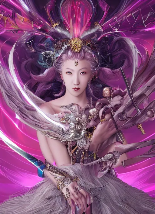 Image similar to close-up of character concept portrait of a Italian Japanese Celestial Goddess as a royal pink wizard conjuring a violent void multiversal spell, a floating iridescent blade sword of chaos from God of War in the center, luxury, high-end, chic, intricate, elegant, digital painting, concept art, smooth, sharp focus, illustration, from Metal Gear, by Ruan Jia and Mandy Jurgens and William-Adolphe Bouguereau, Artgerm