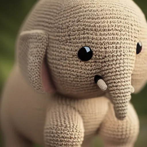 Image similar to a closeup photorealistic photograph of a cute smiling knitted baby elephant, professional capture, well lit shot. this 4 k hd image is trending on artstation, featured on behance, well - rendered, extra crisp, features intricate detail, epic composition and the style of unreal engine.