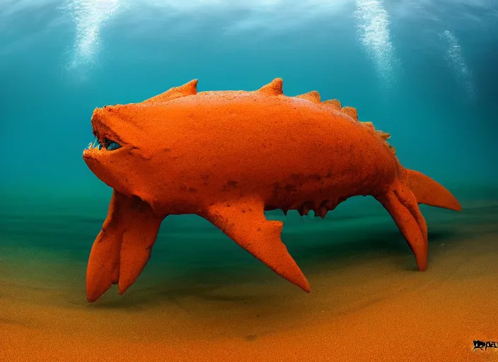 Image similar to an aquatic monster comes out of the sea to die on the orange sand by hagan robert