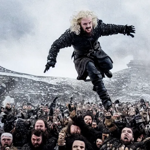 Prompt: john snow falling after jumping from on top of the wall in game of thrones