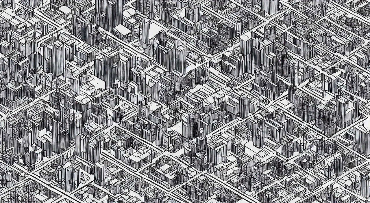Image similar to isometric drawing of a fictional dense city, in style of charles williams, rem koolhaas, peter eisenman