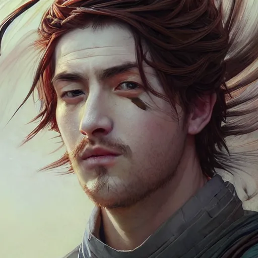 Image similar to Hyper realistic detailed portrait of Kurdish samurai, Stephen Bliss, unreal engine, fantasy art by Greg Rutkowski, Loish, Rhads, ferdinand knab, Makoto Shinkai and Lois van baarle, ilya kuvshinov, rossdraws, Tom Bagshaw, alphonse mucha, global illumination, radiant light, detailed and intricate environment, highly detailed, award winning art