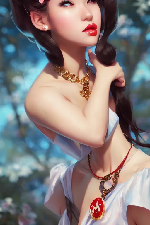 Image similar to a pin up and beautiful fashion charming dreamlke japan girl with lv jewelry, character art, art by artgerm lau and wlop and and ilya kuvshinov and john singer sargent, hyperdetailed, 8 k realistic, symmetrical, frostbite 3 engine, cryengine, dof, trending on artstation, digital art