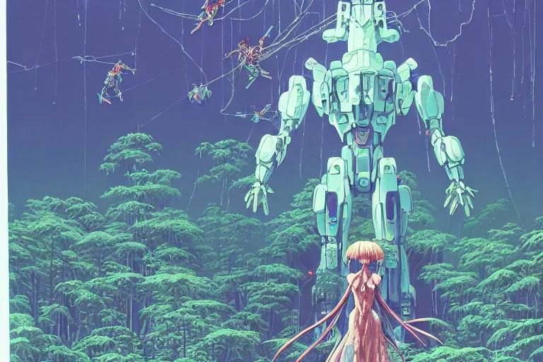 Prompt: lots of glass details, a lot of exotic vegetation, trees, flowers, dull colors, gigantic massive evangelion - like mecha staying in the foggy huge dark night winter forest covered with web and cotton and a lot of glow - worms, full - shot by moebius, hyperrealism, risograph, intricate detailed