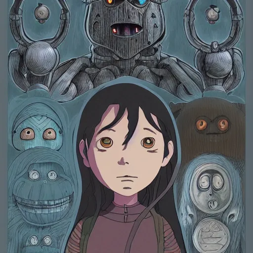 Image similar to a dark humanoid, hyper detailed, in the style of studio ghibli and and studio ghibli and studio ghibli, selfie