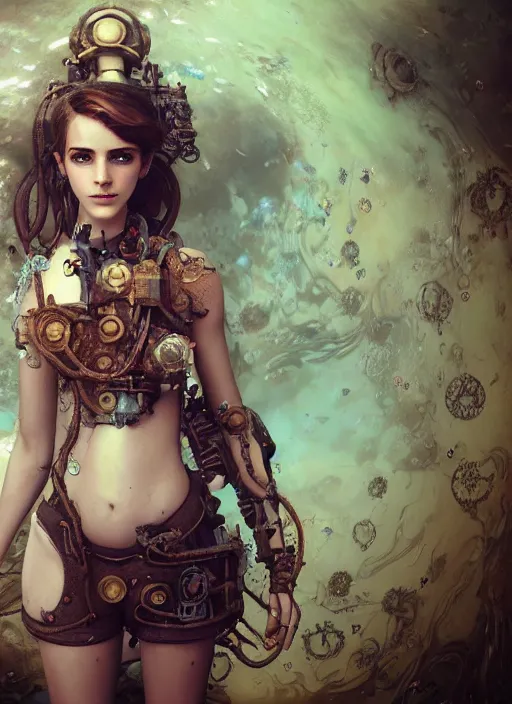 Image similar to underwater steampunk emma watson, au naturel, hyper detailed, digital art, trending in artstation, cinematic lighting, studio quality, smooth render, unreal engine 5 rendered, octane rendered, art style by klimt and nixeu and ian sprigger and wlop and krenz cushart.