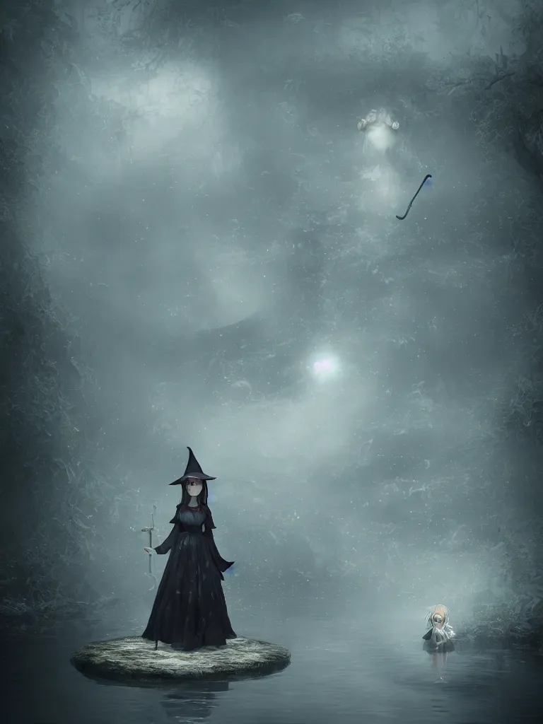 Image similar to cute fumo plush girl witch standing in reflective murky river water, otherworldly gothic horror maiden in tattered cloth, hazy heavy swirling murky volumetric fog and smoke, moonglow, lens flare, vray