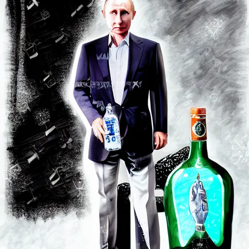 Prompt: vladimir putin wearing a sexy dress, holding a bottle of arak, cinematic, full body shot, beautiful digital painting, hyper detailed