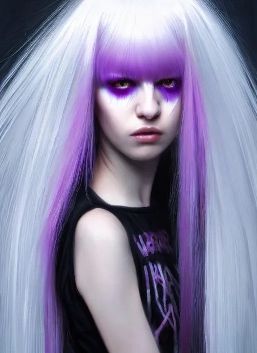 Image similar to hair whitebangs hair, black cyberlox, portrait of normal teenage girl, white bangs, messy bangs, fluffy bangs, cyberlox, whitebangs, red irises, purple background, intricate, elegant, highly detailed, digital painting, artstation, concept art, sharp focus, smooth, illustration, art by wlop, mars ravelo and greg rutkowski