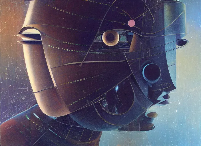 Image similar to a portrait headshot of sci fi metallic human, bright eyes, melancholic complex geometric figure liminal machinery by oskar schlemmer, moebius, john berkey, film grain, oil on canvas, portrait facial head, featured on artstation, hd wallpaper, 8 k, bright colors, global lighting