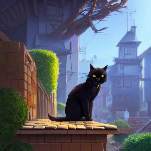 Prompt: a wholesome animation key shot of a black cat seated on top of a roof with tiles, medium shot, studio ghibli, pixar and disney animation, sharp, rendered in unreal engine 5, anime key art by greg rutkowski, bloom, dramatic lighting, golden hour, very warm colors