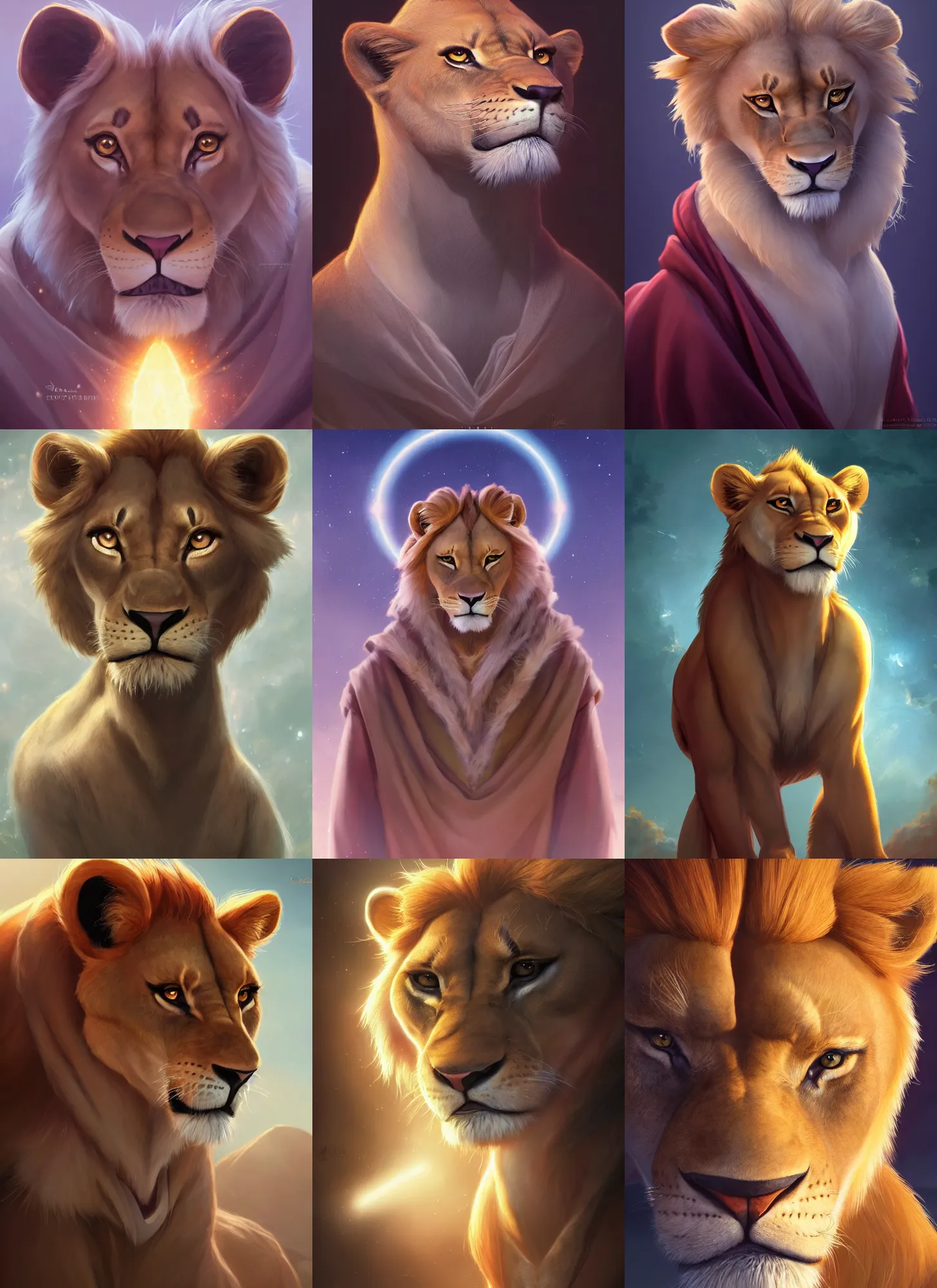 Prompt: beautiful portrait of a female anthropomorphic lioness fursona wearing jedi robes. character design by the lion king, disney, charlie bowater, ross tran, artgerm, and makoto shinkai, detailed, soft lighting, rendered in octane