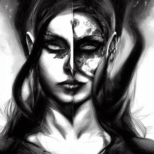 Image similar to shadowy pitch-black void occultist, close-up portrait, intricate complexity, rule of thirds, in the style of Artgerm