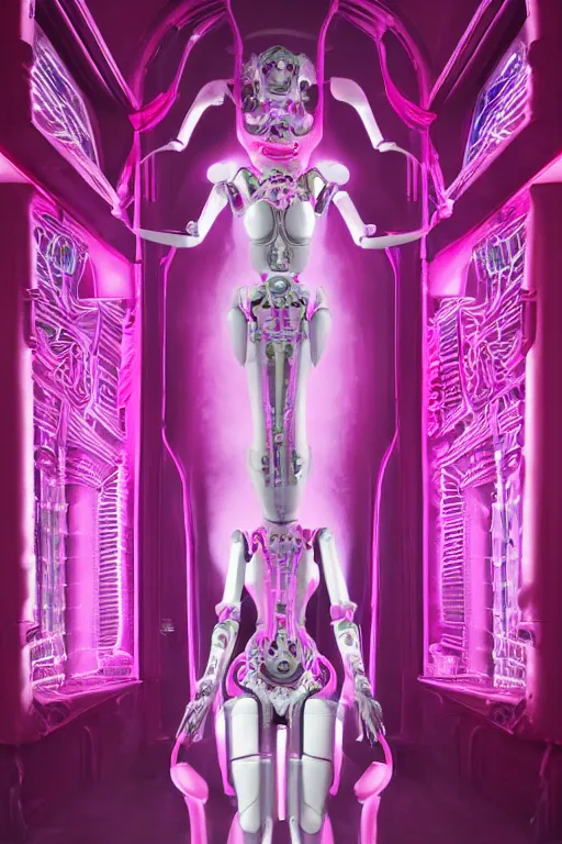 Image similar to full-body baroque and bladerunner style pink neon and ceramic statue of a beautiful pale priestess robot goddess humanoid wearing a torn kimono, glowing peach face, street hoody of red steampunk lasers, emeralds, swirling silver silk fabric. futuristic elements. oozing glowing liquid, full-length view. space robots. human skulls. throne made of bones, intricate artwork by caravaggio. Trending on artstation, octane render, cinematic lighting from the right, hyper realism, octane render, 8k, depth of field, 3D