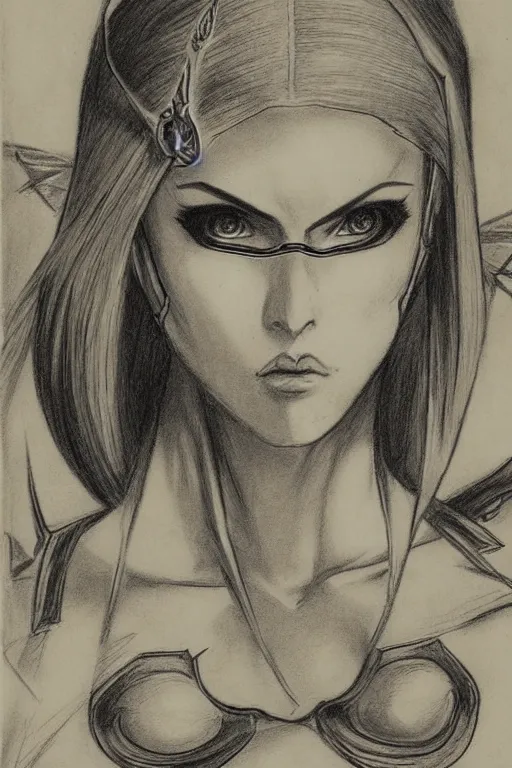 Image similar to Portrait sketch of fully clothed Bayonetta by Da Vinci