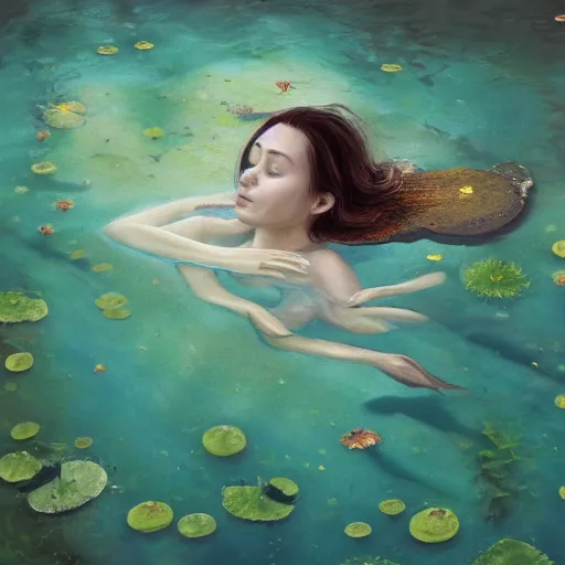 Image similar to A woman submerged underwater, you can only see her face from an aerial view with lily pads surrounding her as her hand reaches out to you, artistic digital art, very opaque, gloomy style, oil paints and pastel highlights, trending on artstation, artstationHD, artstationHQ, 4k, 8k