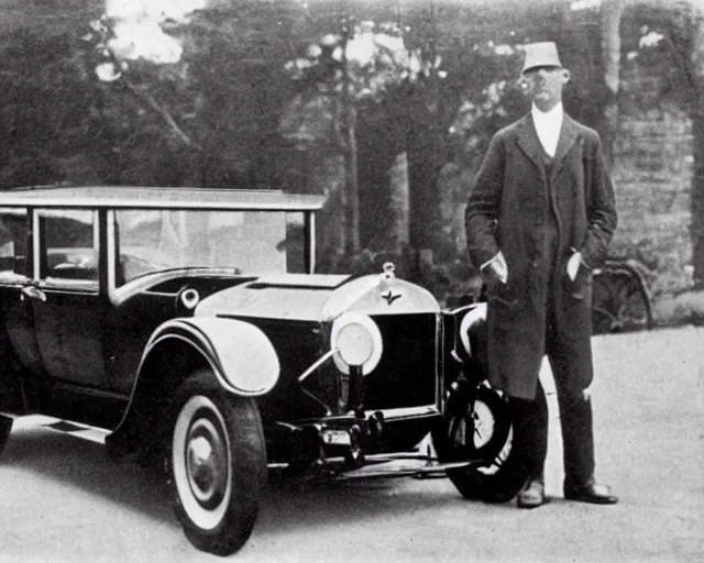 Image similar to 1 9 2 0 s photo of a person standing next to a tesla car