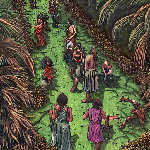 Prompt: pagan ritual on the streets of san francisco in the 1 9 7 0 s, covered in vegetation, highly detailed smooth digital art masterpiece