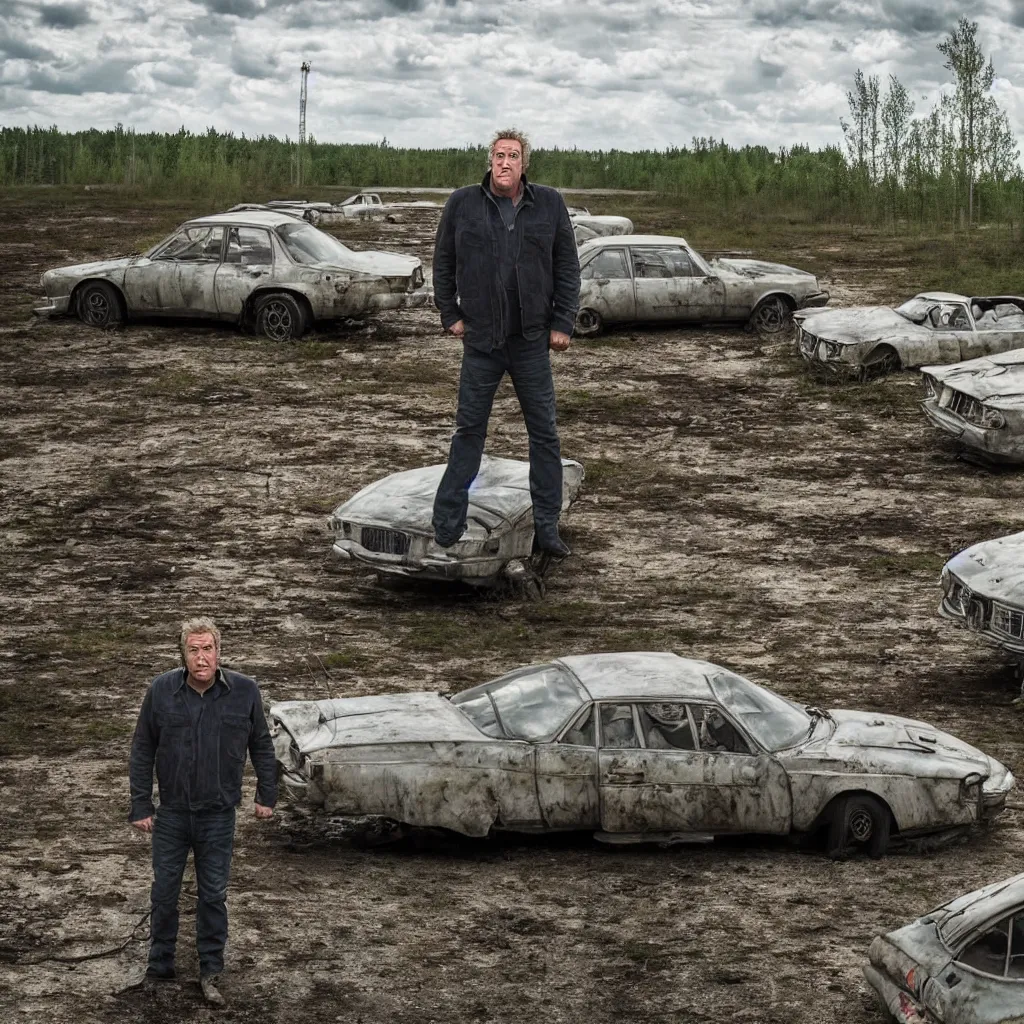 Image similar to top gear, jeremy clarkson, drifting in chernobyl zone, very detailed, 4 k, professional photography