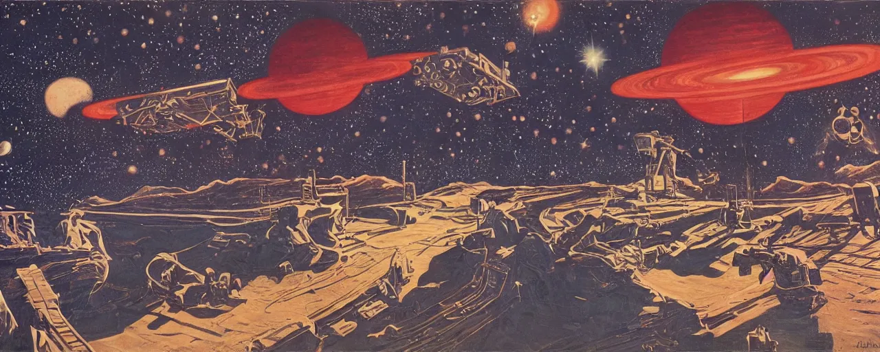 Prompt: rough texture, tempera, a beautiful future for space program, astronauts and space colonies, utopian, by david a. hardy, wpa, public works mural, socialist