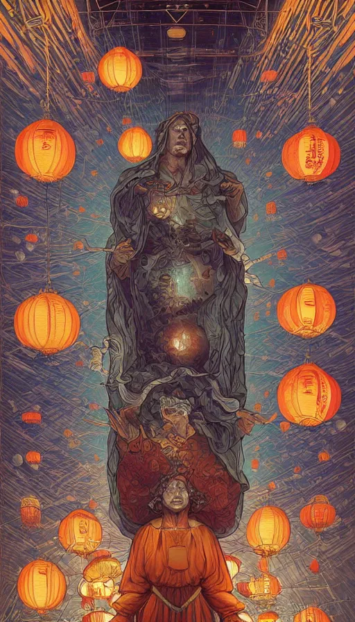 Prompt: The oracle of lanterns of wisdom, italian futurism, Dan Mumford, da vinci, Josan Gonzalez