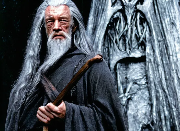 Image similar to gandalf played by lance henriksen stood outside orthanc, style of h. r. giger, directed by david fincher