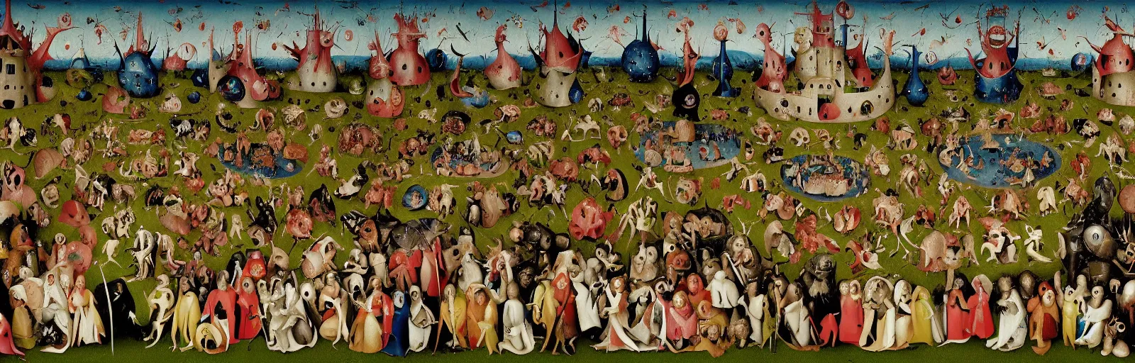 Prompt: muppets in the garden of earthly delights, painting by hieronymus bosch