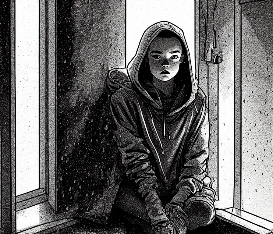 Image similar to sadie sink in hoodie sits on windowsill, knees tucked in | rain falls at night : storyboard, scifi cyberpunk. by joe alves, gabriel hardman, chris bonura. cinematic atmosphere, detailed and intricate, perfect anatomy