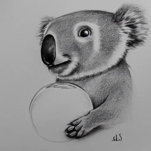 Image similar to a hand drawn pencil sketch of a quizzical koala staring at a bubble black and white illustration