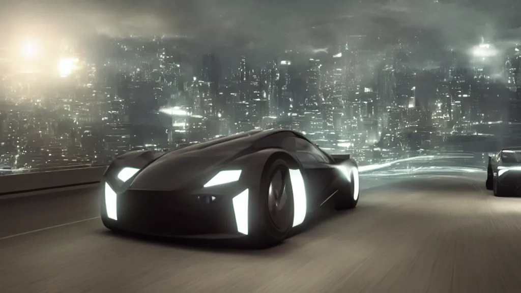 Image similar to a futuristic minimalist sports car driving down a mountain road at night, film still from tron legacy