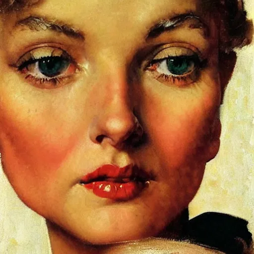 Image similar to portrait of a woman's eye with warm eyes, beautiful and elegant, warm and seductive ， detailed depiction, norman rockwell, jacob collins, tom lovell, frank school