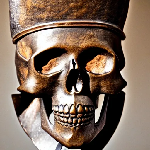 Prompt: close up shot of an old bronze patina statue of a skull wearing a samurai hat in a museum