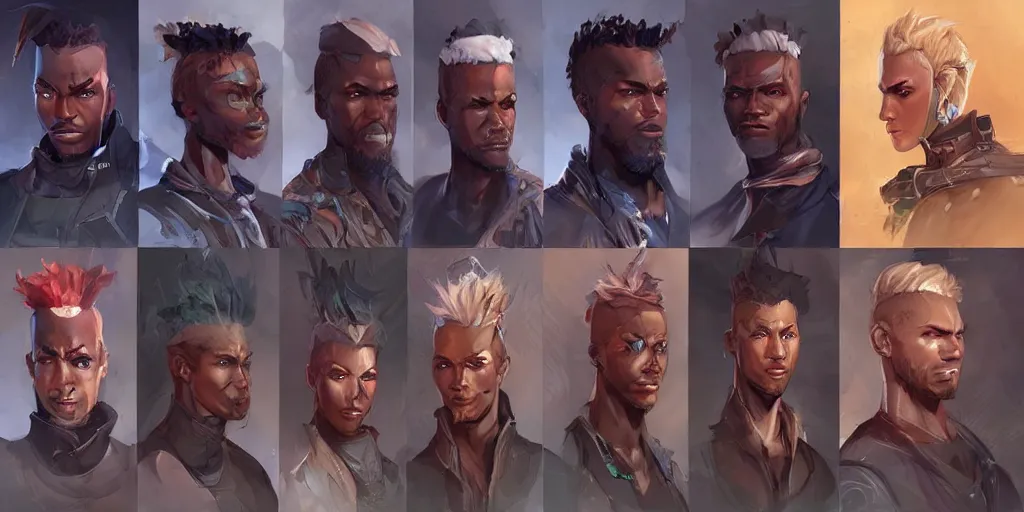 Image similar to concept art of rugged african male netrunner d & d video game characters head designs, unique hair designs, by marc brunet and artgerm
