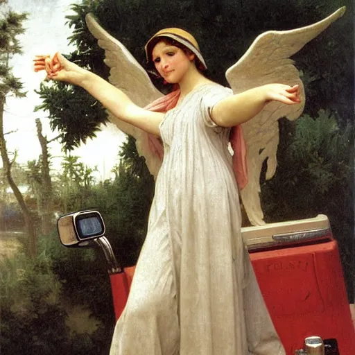 Prompt: an oil painting of an angel driving a car in a drive through, talking to the speaker machine, exterior view, by Bouguereau, highly realistic and intricate
