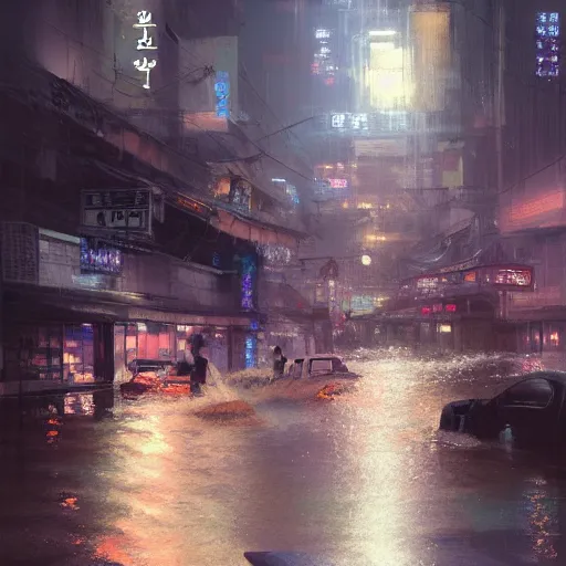 Image similar to Flooding seoul city at night, artstation; by Craig mullins, ross draws, kanliu666, chengwei pan, mingchen shen