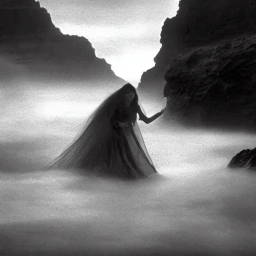 Prompt: dark and moody 1 9 7 0's artistic spaghetti western film in color, a woman in a giant billowy wide long flowing waving white dress transforming into sea spray, standing inside a green mossy irish rocky scenic landscape, crashing waves and sea foam, volumetric lighting, backlit, moody, atmospheric, fog, extremely windy, soft focus