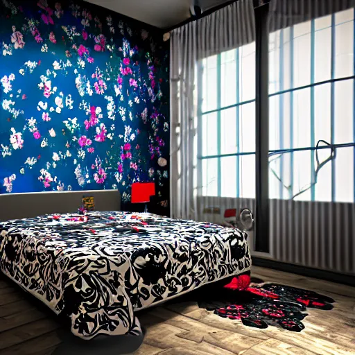 Prompt: male artist's messy, cluttered, dirty bedroom with blue and black floral painted walls and a big bold red christian cross on the wall. black dark flowers painted on walls. black flower pattern. realistic, highly detailed, sharp focus, volumetric lighting, full shot, 3 5 mm, unreal engine,